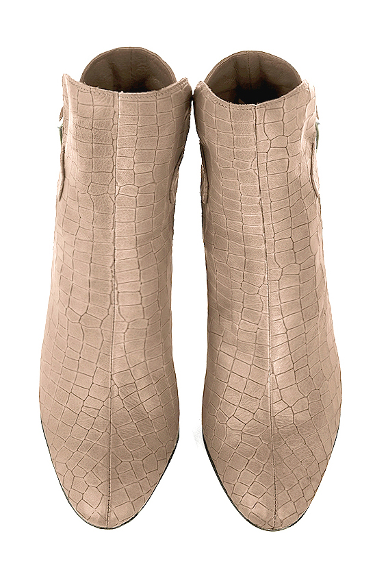 Tan beige women's ankle boots with buckles at the back. Round toe. High kitten heels. Top view - Florence KOOIJMAN